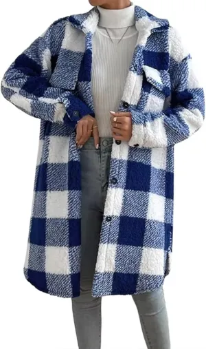Womens Chic Plaid Print Warm Plush Long Coat, Winter Cozy Lapel Fuzzy Jacket, Casual Tartan over Shirt Trench Coat