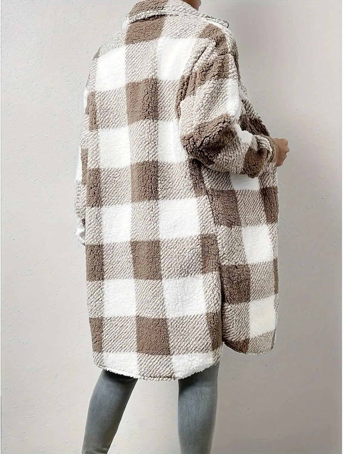 Womens Chic Plaid Print Warm Plush Long Coat, Winter Cozy Lapel Fuzzy Jacket, Casual Tartan over Shirt Trench Coat