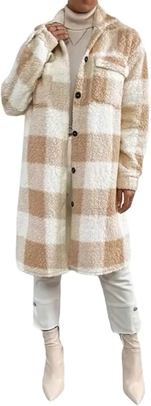Womens Chic Plaid Print Warm Plush Long Coat, Winter Cozy Lapel Fuzzy Jacket, Casual Tartan over Shirt Trench Coat