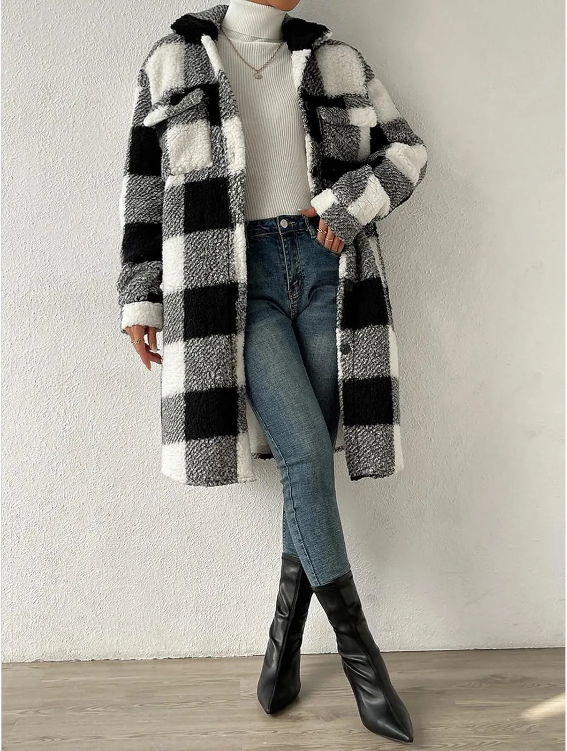 Womens Chic Plaid Print Warm Plush Long Coat, Winter Cozy Lapel Fuzzy Jacket, Casual Tartan over Shirt Trench Coat