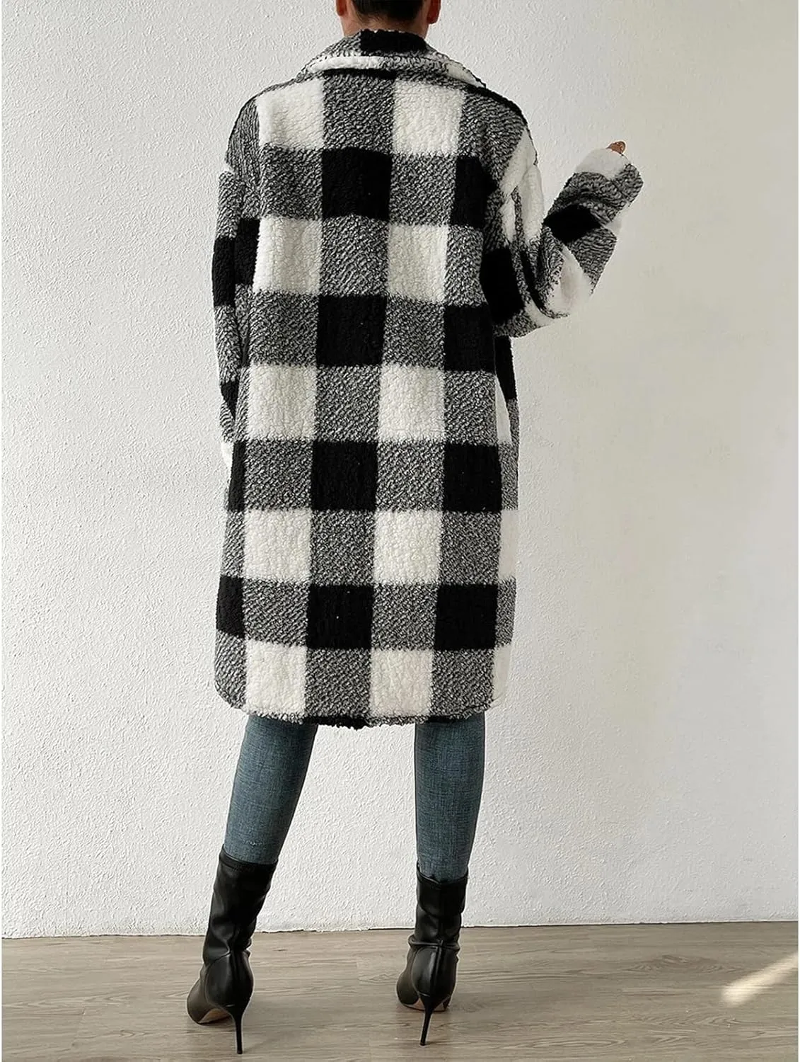 Womens Chic Plaid Print Warm Plush Long Coat, Winter Cozy Lapel Fuzzy Jacket, Casual Tartan over Shirt Trench Coat