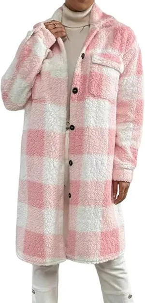 Womens Chic Plaid Print Warm Plush Long Coat, Winter Cozy Lapel Fuzzy Jacket, Casual Tartan over Shirt Trench Coat