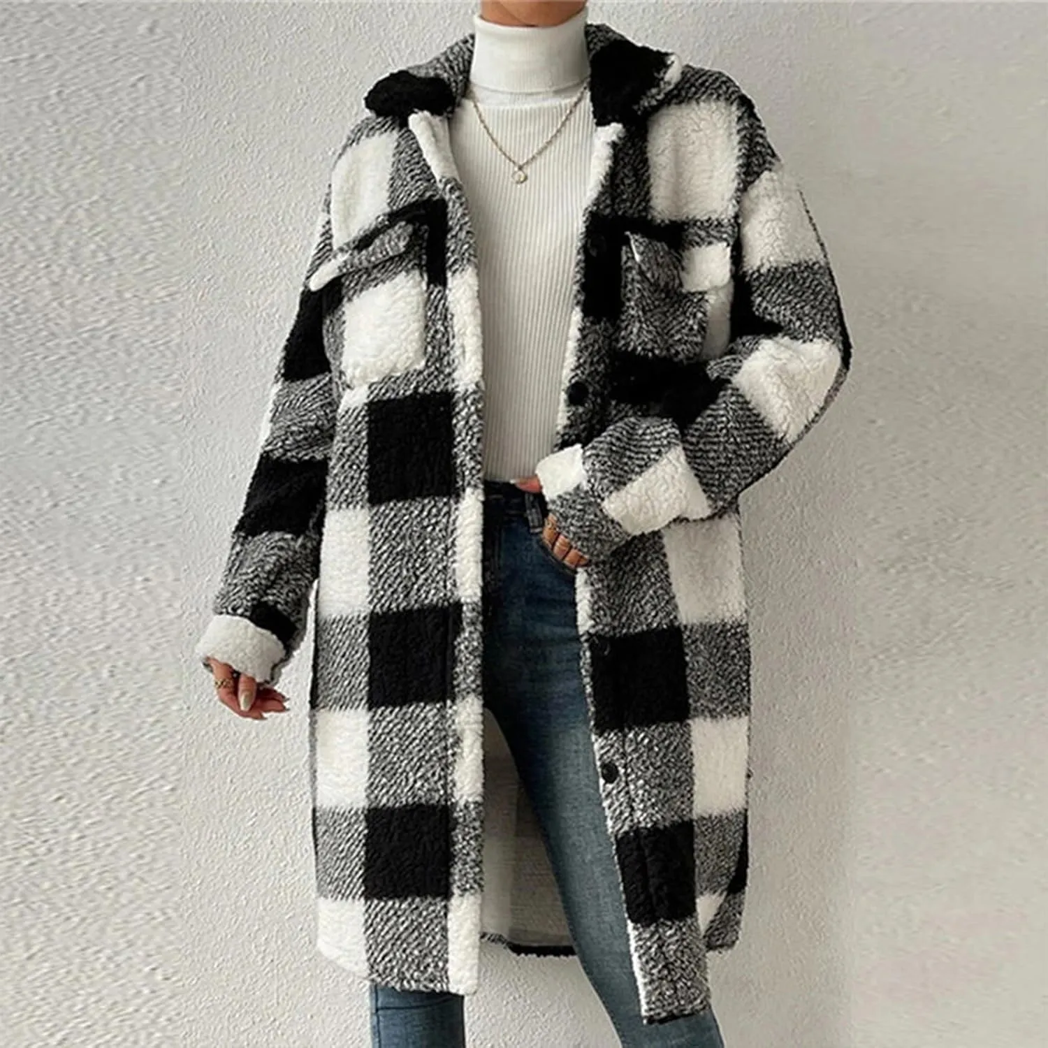 Womens Chic Plaid Print Warm Plush Long Coat, Winter Cozy Lapel Fuzzy Jacket, Casual Tartan over Shirt Trench Coat