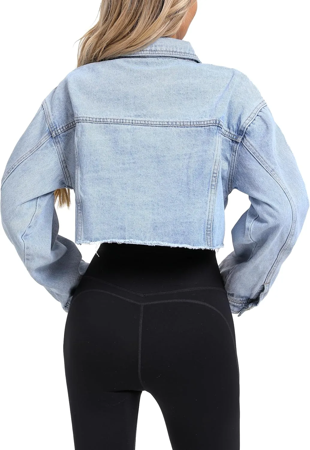 Women's Cropped Denim Jacket, Button Down Long Sleeve Frayed Loose Oversized Jean Jacket Coat