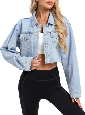 Women's Cropped Denim Jacket, Button Down Long Sleeve Frayed Loose Oversized Jean Jacket Coat