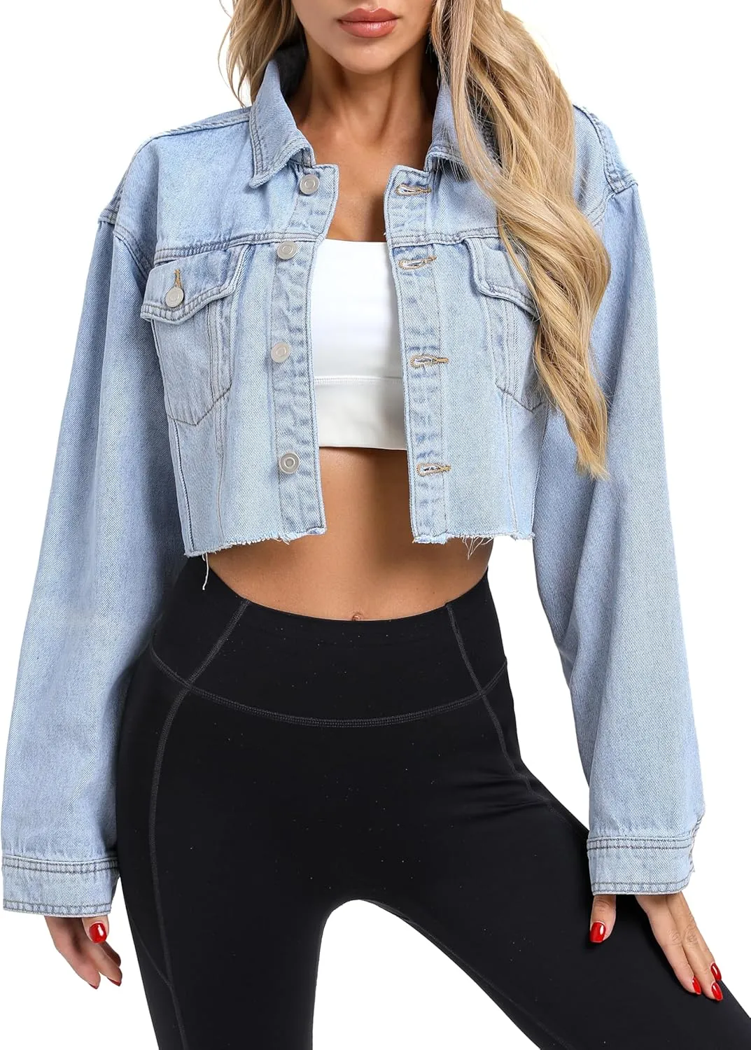 Women's Cropped Denim Jacket, Button Down Long Sleeve Frayed Loose Oversized Jean Jacket Coat