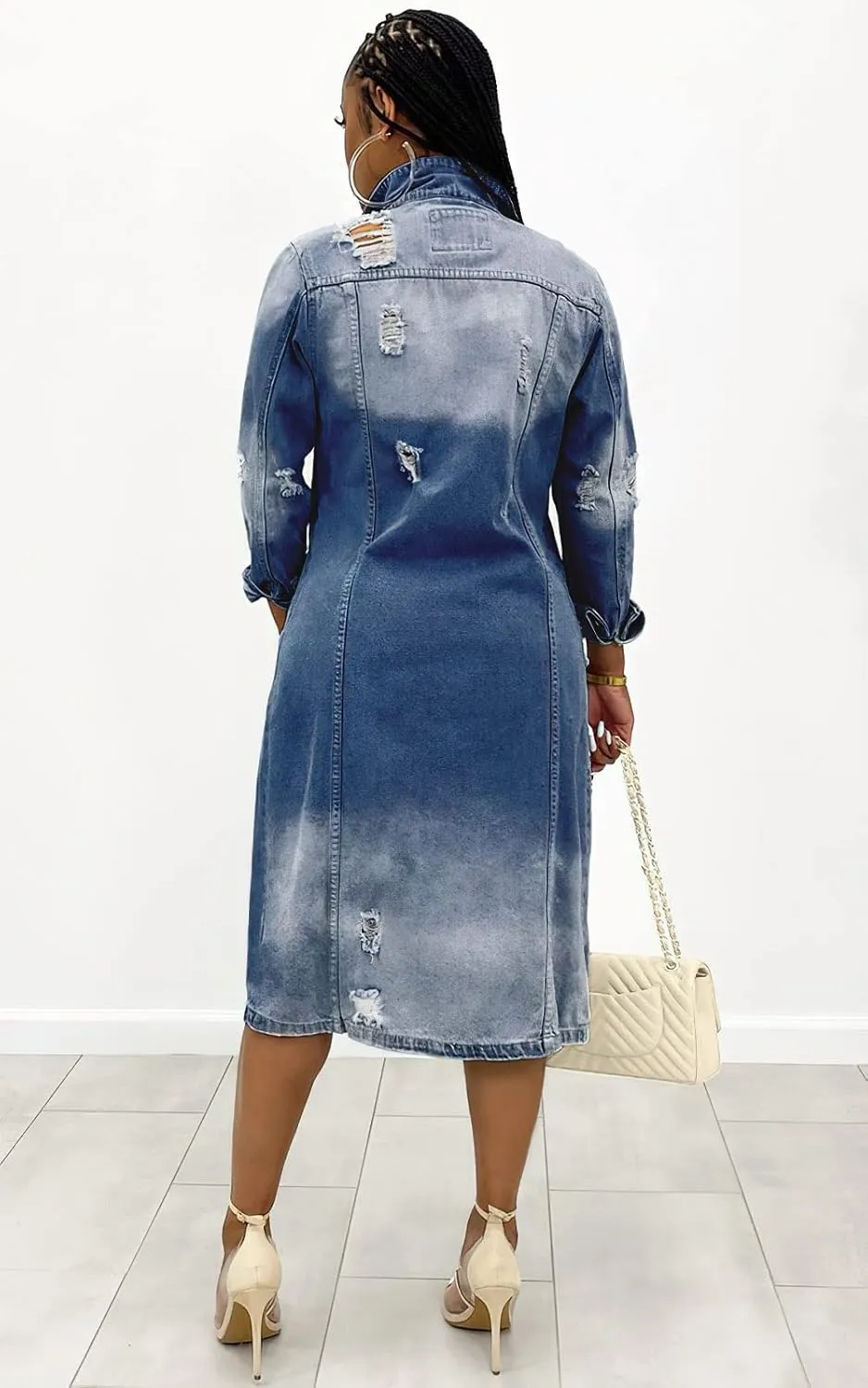 Womens Distressed Ripped Lapel Trench Coat Slim Fit Button Down Washed Long Jean Jacket