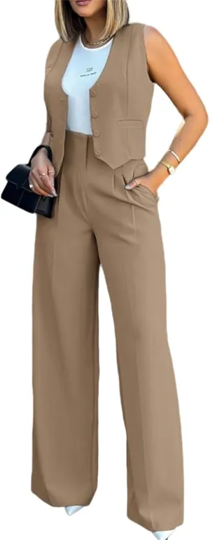 Womens Fashionable Suits Elegant Casual Sleeveless Blazer Vest Wide-Leg Pants 2 Piece Set Comfort Daily Wear Outfits