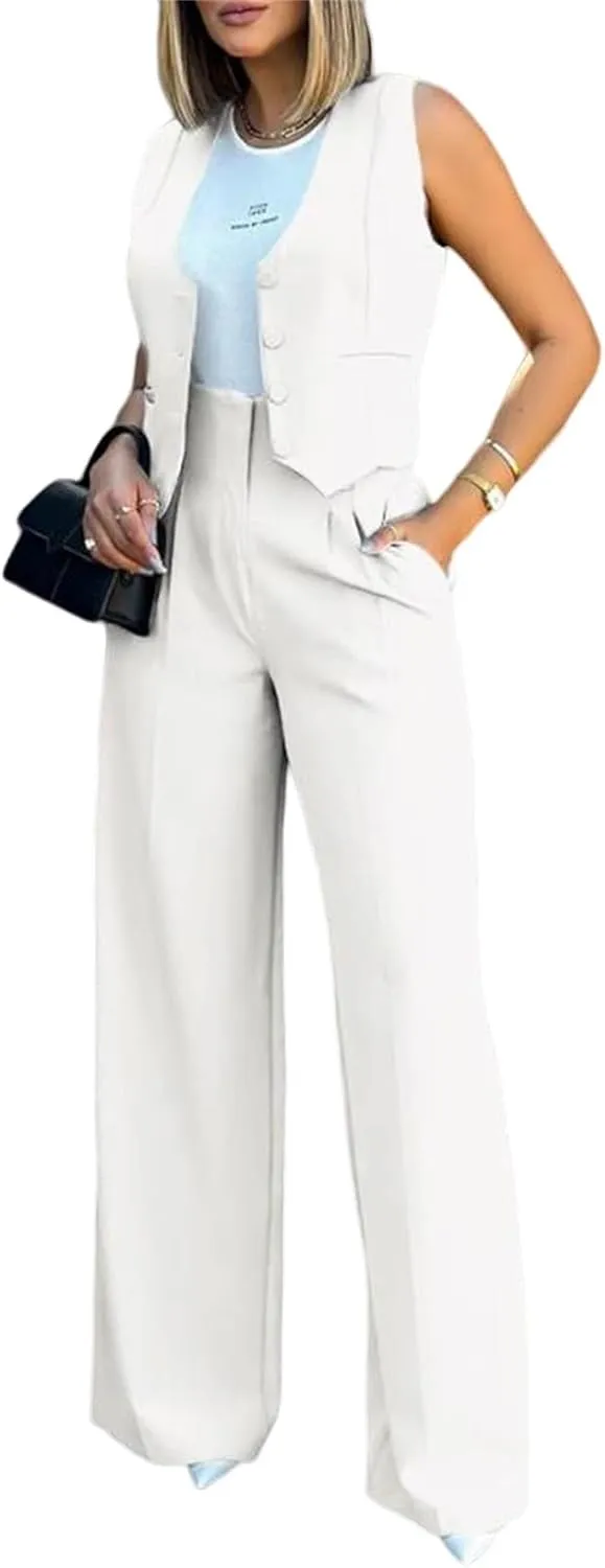 Womens Fashionable Suits Elegant Casual Sleeveless Blazer Vest Wide-Leg Pants 2 Piece Set Comfort Daily Wear Outfits