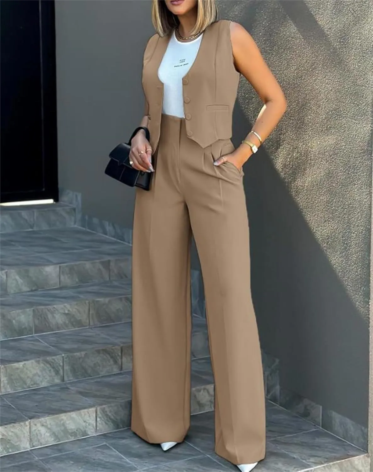 Womens Fashionable Suits Elegant Casual Sleeveless Blazer Vest Wide-Leg Pants 2 Piece Set Comfort Daily Wear Outfits