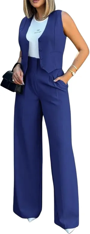 Womens Fashionable Suits Elegant Casual Sleeveless Blazer Vest Wide-Leg Pants 2 Piece Set Comfort Daily Wear Outfits