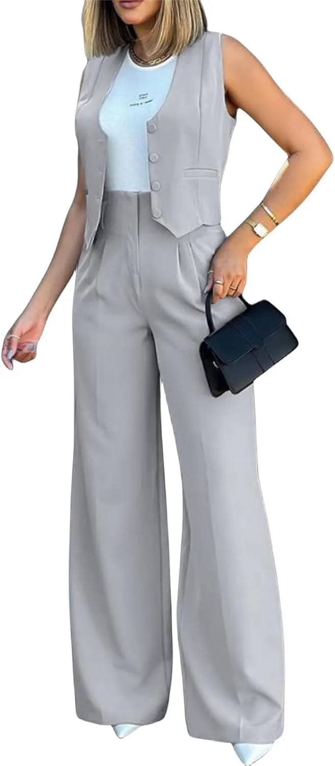 Womens Fashionable Suits Elegant Casual Sleeveless Blazer Vest Wide-Leg Pants 2 Piece Set Comfort Daily Wear Outfits