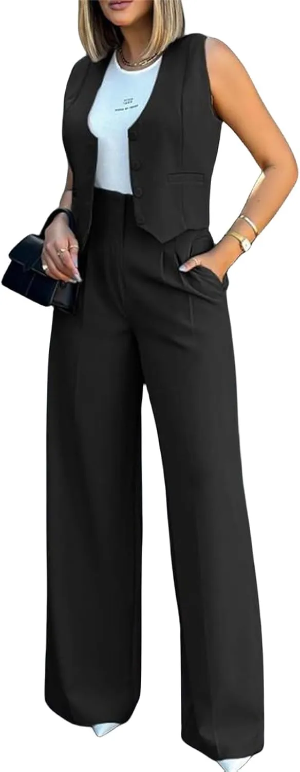 Womens Fashionable Suits Elegant Casual Sleeveless Blazer Vest Wide-Leg Pants 2 Piece Set Comfort Daily Wear Outfits