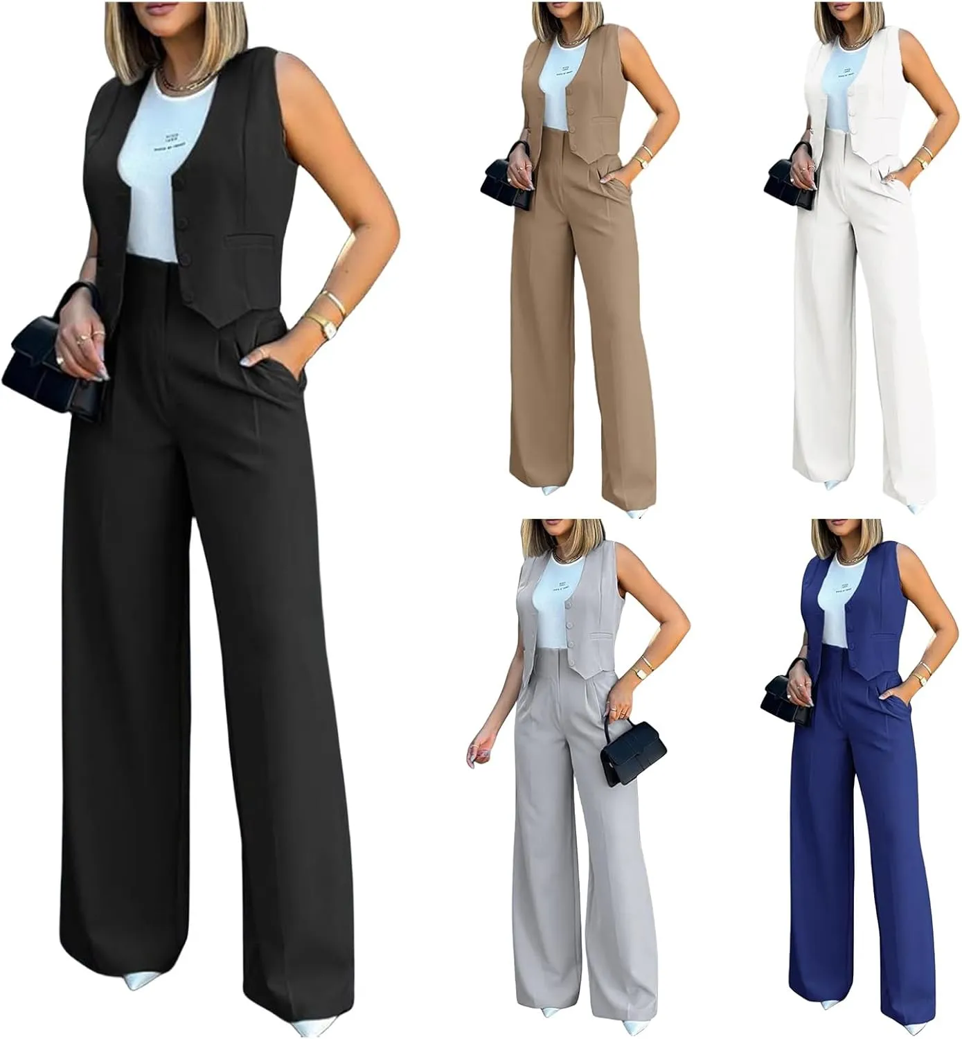 Womens Fashionable Suits Elegant Casual Sleeveless Blazer Vest Wide-Leg Pants 2 Piece Set Comfort Daily Wear Outfits