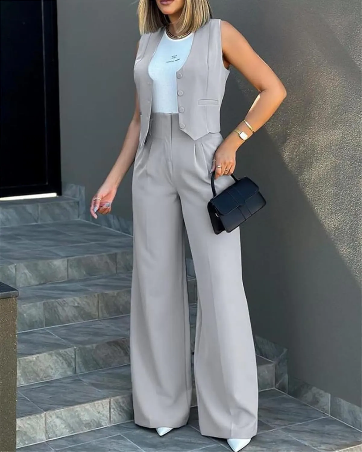 Womens Fashionable Suits Elegant Casual Sleeveless Blazer Vest Wide-Leg Pants 2 Piece Set Comfort Daily Wear Outfits