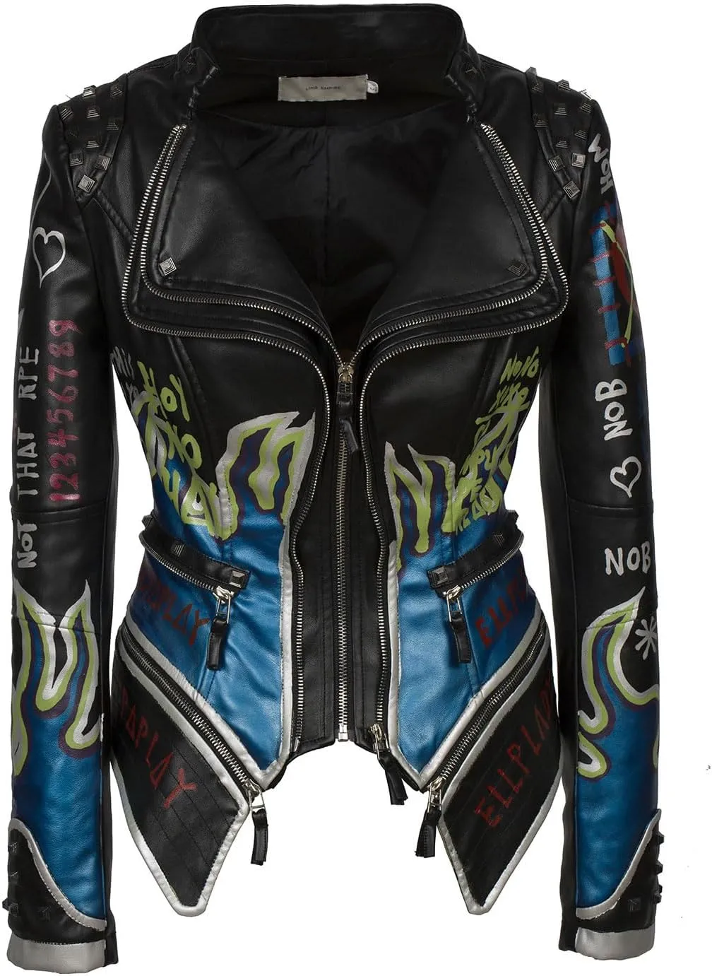 Women's Faux Leather Textured Hand Painted Graffiti Studded Rivet Moto Lady Fit Jacket Zip-up Slim PU Biker Coat