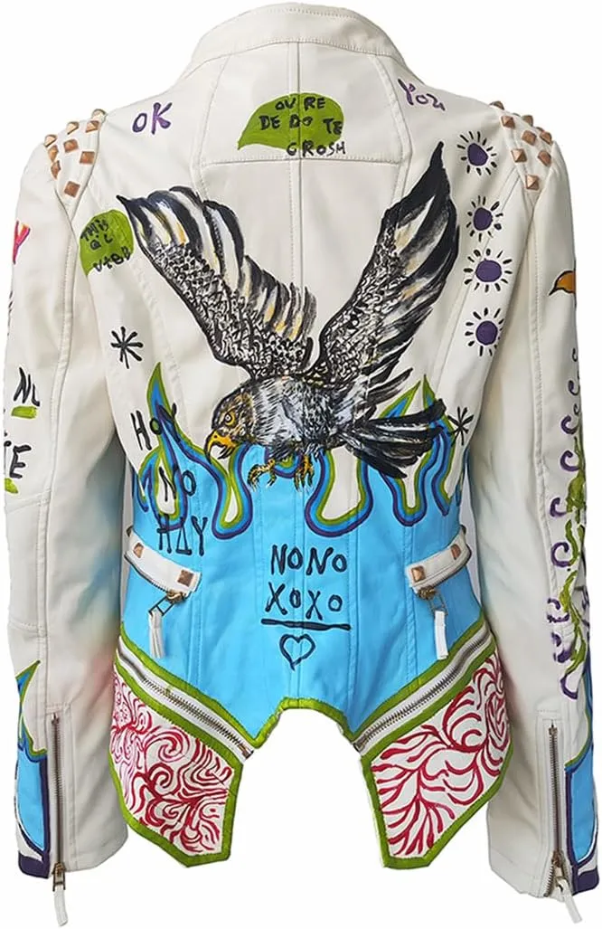Women's Faux Leather Textured Hand Painted Graffiti Studded Rivet Moto Lady Fit Jacket Zip-up Slim PU Biker Coat