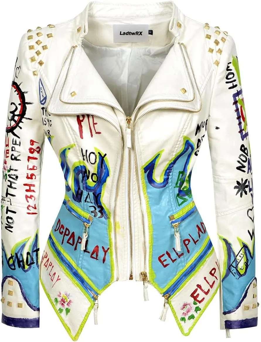 Women's Faux Leather Textured Hand Painted Graffiti Studded Rivet Moto Lady Fit Jacket Zip-up Slim PU Biker Coat