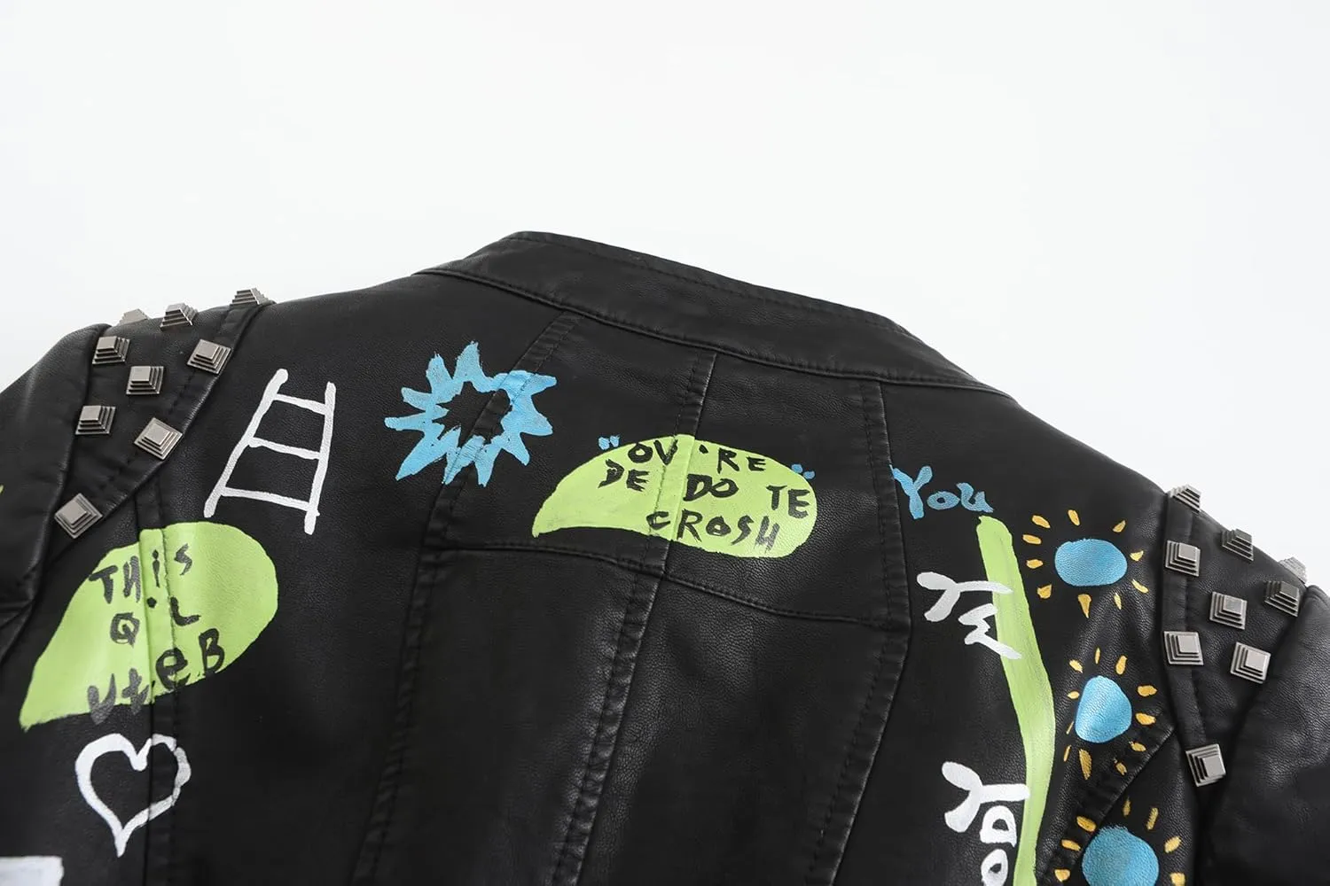 Women's Faux Leather Textured Hand Painted Graffiti Studded Rivet Moto Lady Fit Jacket Zip-up Slim PU Biker Coat