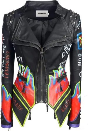 Women's Faux Leather Textured Hand Painted Graffiti Studded Rivet Moto Lady Fit Jacket Zip-up Slim PU Biker Coat