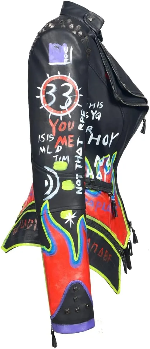 Women's Faux Leather Textured Hand Painted Graffiti Studded Rivet Moto Lady Fit Jacket Zip-up Slim PU Biker Coat