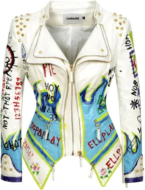 Women's Faux Leather Textured Hand Painted Graffiti Studded Rivet Moto Lady Fit Jacket Zip-up Slim PU Biker Coat