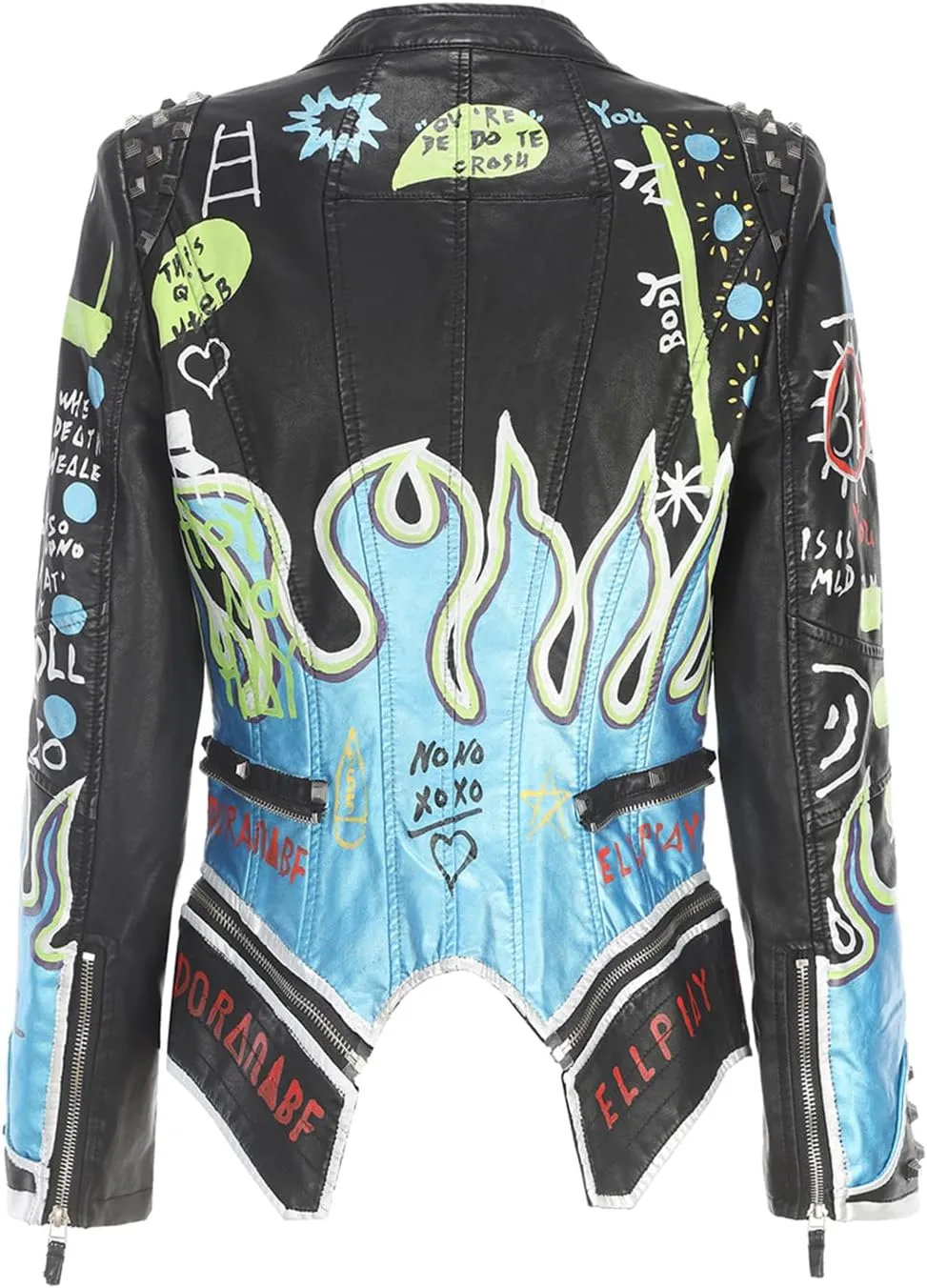 Women's Faux Leather Textured Hand Painted Graffiti Studded Rivet Moto Lady Fit Jacket Zip-up Slim PU Biker Coat