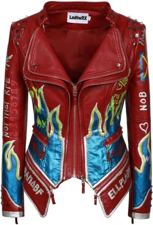 Women's Faux Leather Textured Hand Painted Graffiti Studded Rivet Moto Lady Fit Jacket Zip-up Slim PU Biker Coat