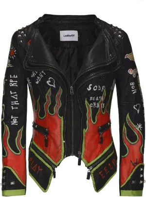 Women's Faux Leather Textured Hand Painted Graffiti Studded Rivet Moto Lady Fit Jacket Zip-up Slim PU Biker Coat