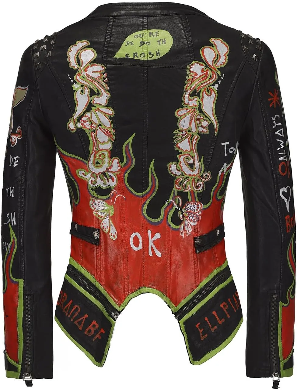 Women's Faux Leather Textured Hand Painted Graffiti Studded Rivet Moto Lady Fit Jacket Zip-up Slim PU Biker Coat