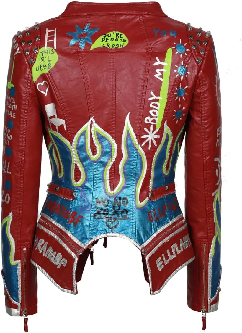 Women's Faux Leather Textured Hand Painted Graffiti Studded Rivet Moto Lady Fit Jacket Zip-up Slim PU Biker Coat