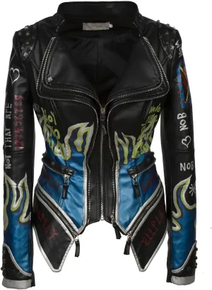 Women's Faux Leather Textured Hand Painted Graffiti Studded Rivet Moto Lady Fit Jacket Zip-up Slim PU Biker Coat