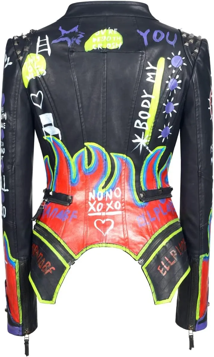 Women's Faux Leather Textured Hand Painted Graffiti Studded Rivet Moto Lady Fit Jacket Zip-up Slim PU Biker Coat
