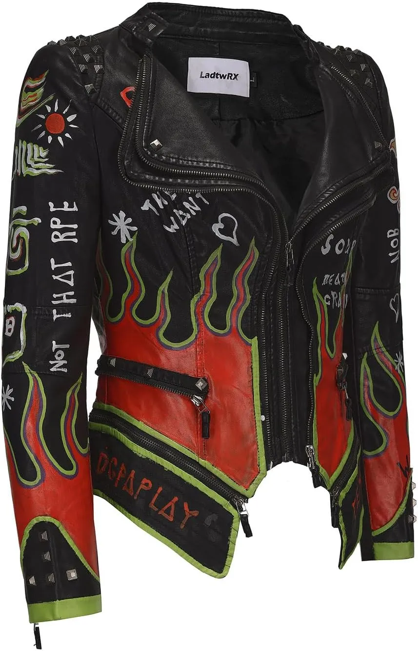 Women's Faux Leather Textured Hand Painted Graffiti Studded Rivet Moto Lady Fit Jacket Zip-up Slim PU Biker Coat