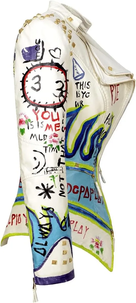 Women's Faux Leather Textured Hand Painted Graffiti Studded Rivet Moto Lady Fit Jacket Zip-up Slim PU Biker Coat