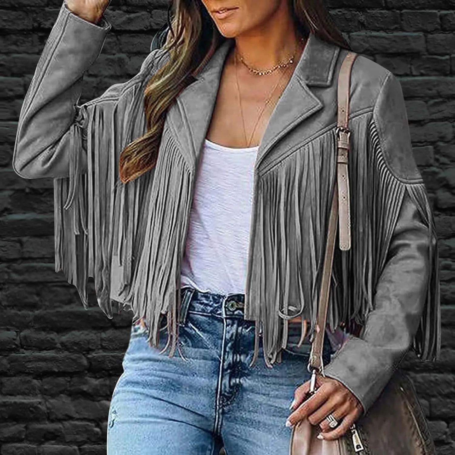 Womens Faux Suede Leather Jacket Fashion Fringe Cropped Coat Solid Motorcycle Outwear Casual Tassels Cardigan
