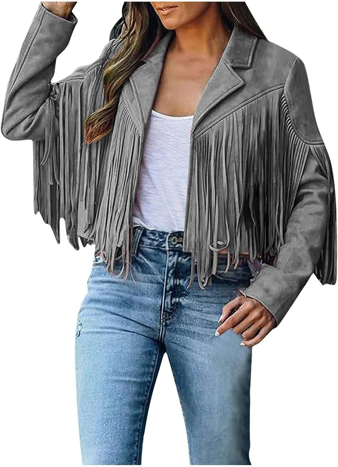 Womens Faux Suede Leather Jacket Fashion Fringe Cropped Coat Solid Motorcycle Outwear Casual Tassels Cardigan