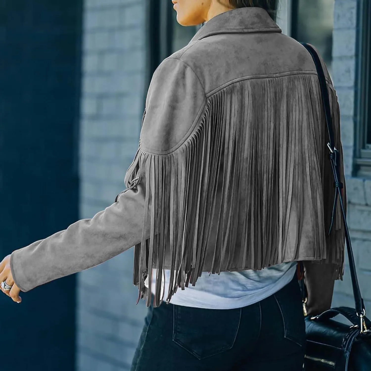 Womens Faux Suede Leather Jacket Fashion Fringe Cropped Coat Solid Motorcycle Outwear Casual Tassels Cardigan