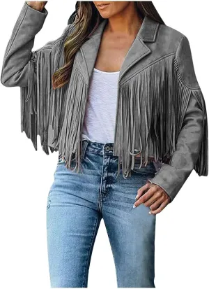 Womens Faux Suede Leather Jacket Fashion Fringe Cropped Coat Solid Motorcycle Outwear Casual Tassels Cardigan