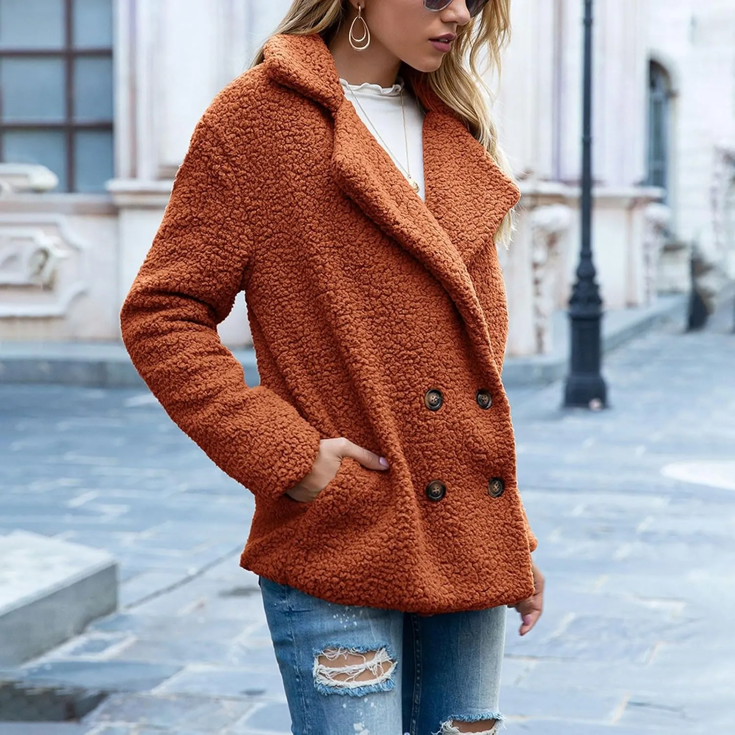 Womens Fleece Jacket 2024 Winter Lapel Button Down Coats Casual Oversized Trendy Teddy Bear Jacket Fluffy Outerwear