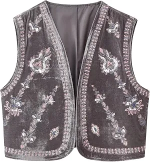 Women's Floral Embroidered Vest Boho Vintage Sleeveless Open Front Crop Cardigan Waistcoat