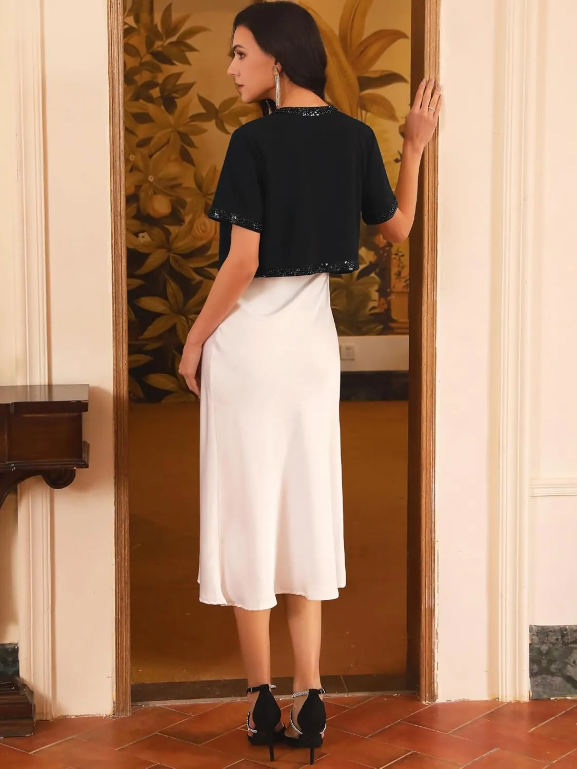 Women's Formal Shrug Bolero Beaded Sequin Short Sleeves Open Front Evening Cocktail Cropped Blazer