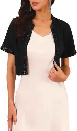 Women's Formal Shrug Bolero Beaded Sequin Short Sleeves Open Front Evening Cocktail Cropped Blazer