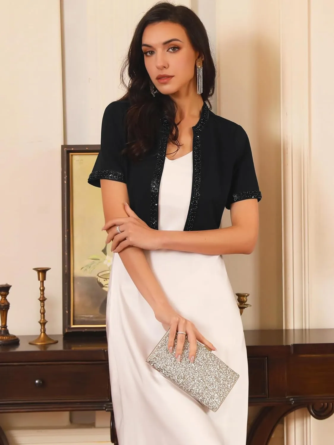 Women's Formal Shrug Bolero Beaded Sequin Short Sleeves Open Front Evening Cocktail Cropped Blazer