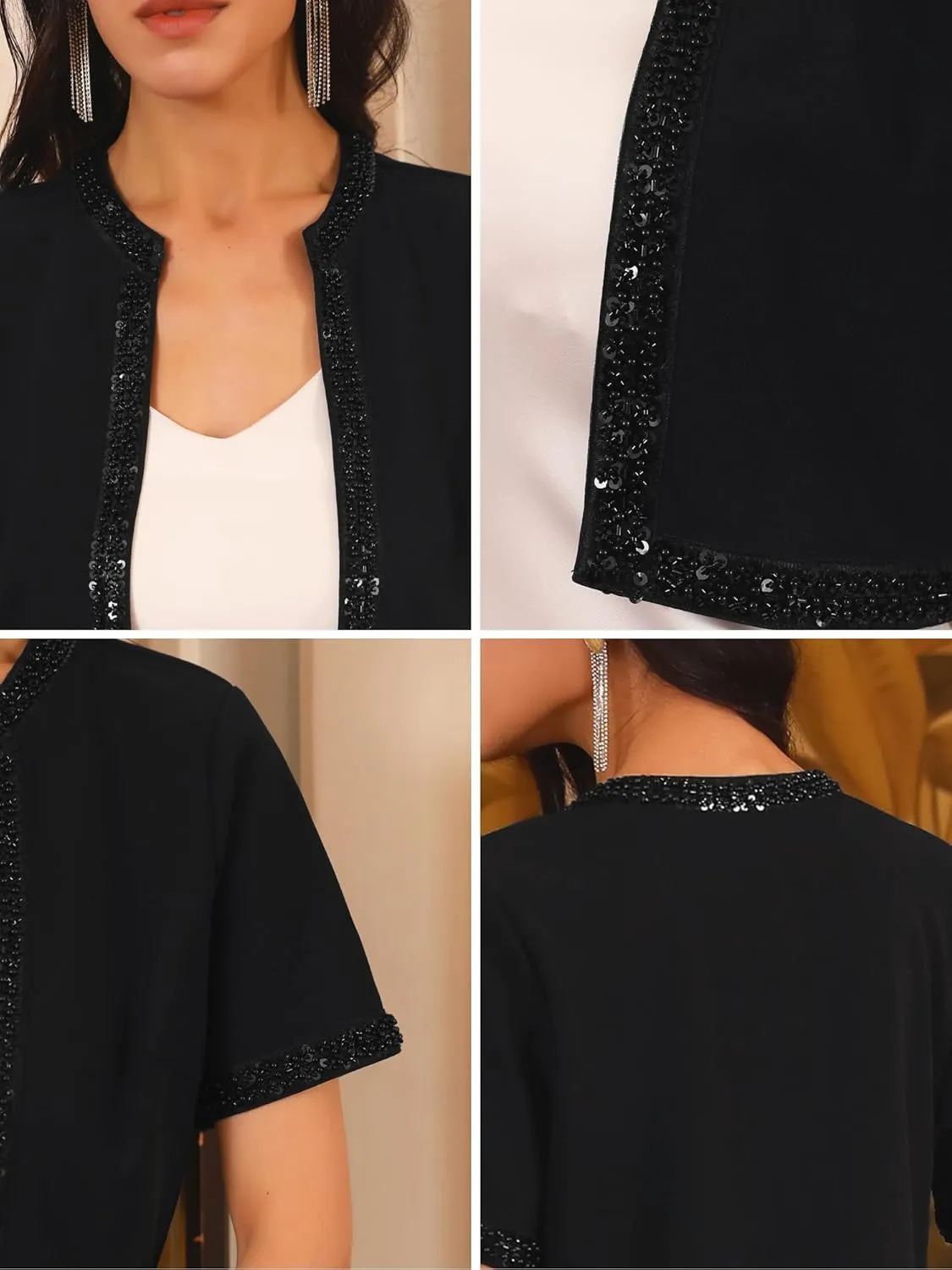 Women's Formal Shrug Bolero Beaded Sequin Short Sleeves Open Front Evening Cocktail Cropped Blazer