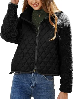 Women's Fuzzy Fleece Jacket Cropped Sherpa Coat Long Sleeve Zipper Lightweight Quilted Outwear