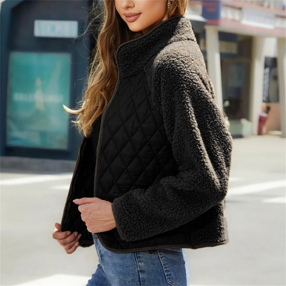 Women's Fuzzy Fleece Jacket Cropped Sherpa Coat Long Sleeve Zipper Lightweight Quilted Outwear