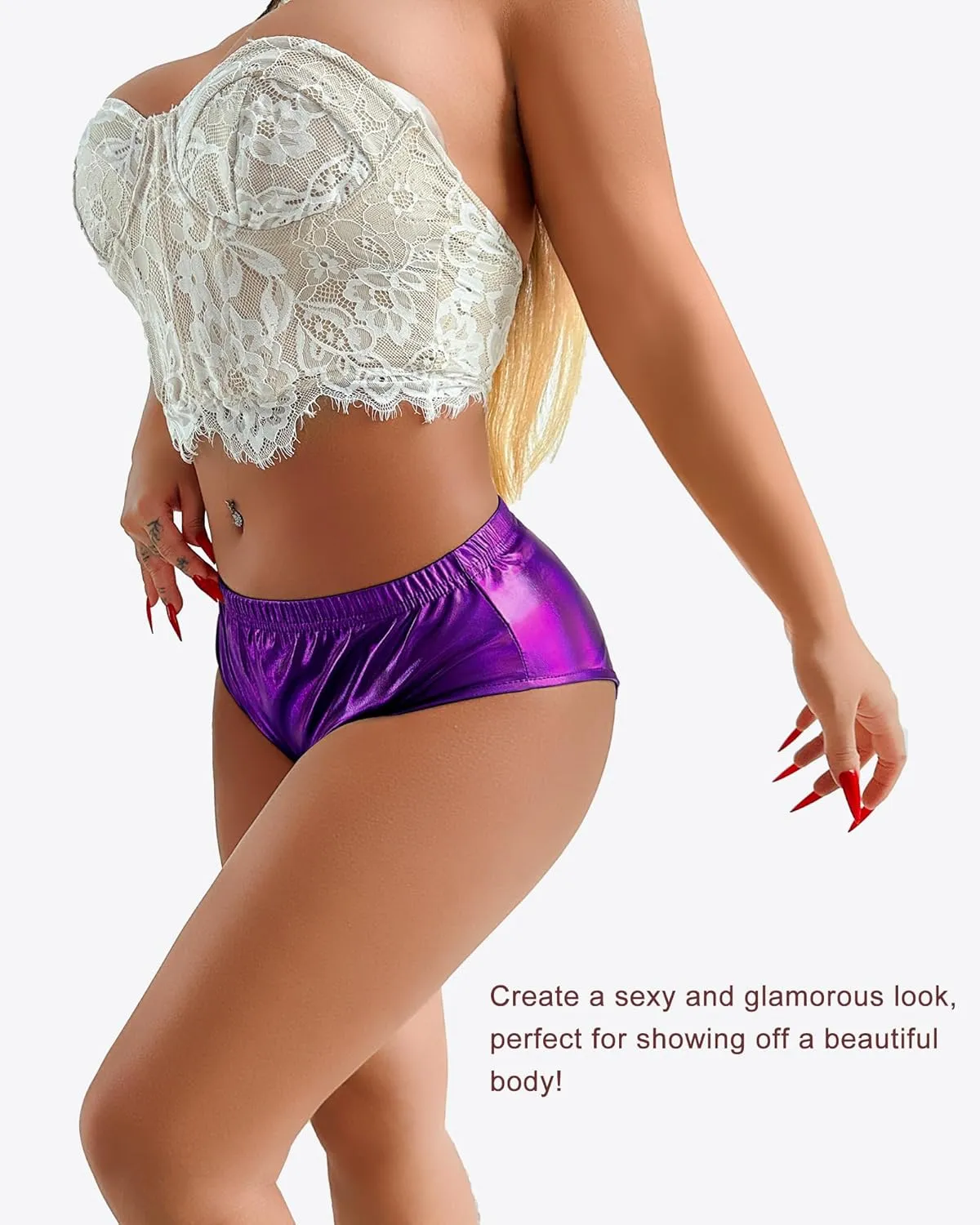 Women's High Waisted Booty Shorts Metallic Sexy Rave Bottoms for Dance Festival Sparkly Disco Party Costume Hot Pants
