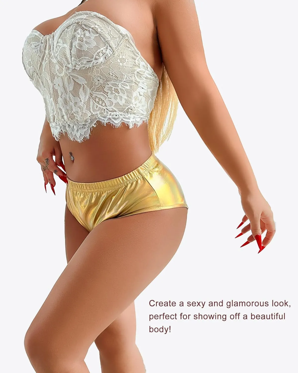 Women's High Waisted Booty Shorts Metallic Sexy Rave Bottoms for Dance Festival Sparkly Disco Party Costume Hot Pants