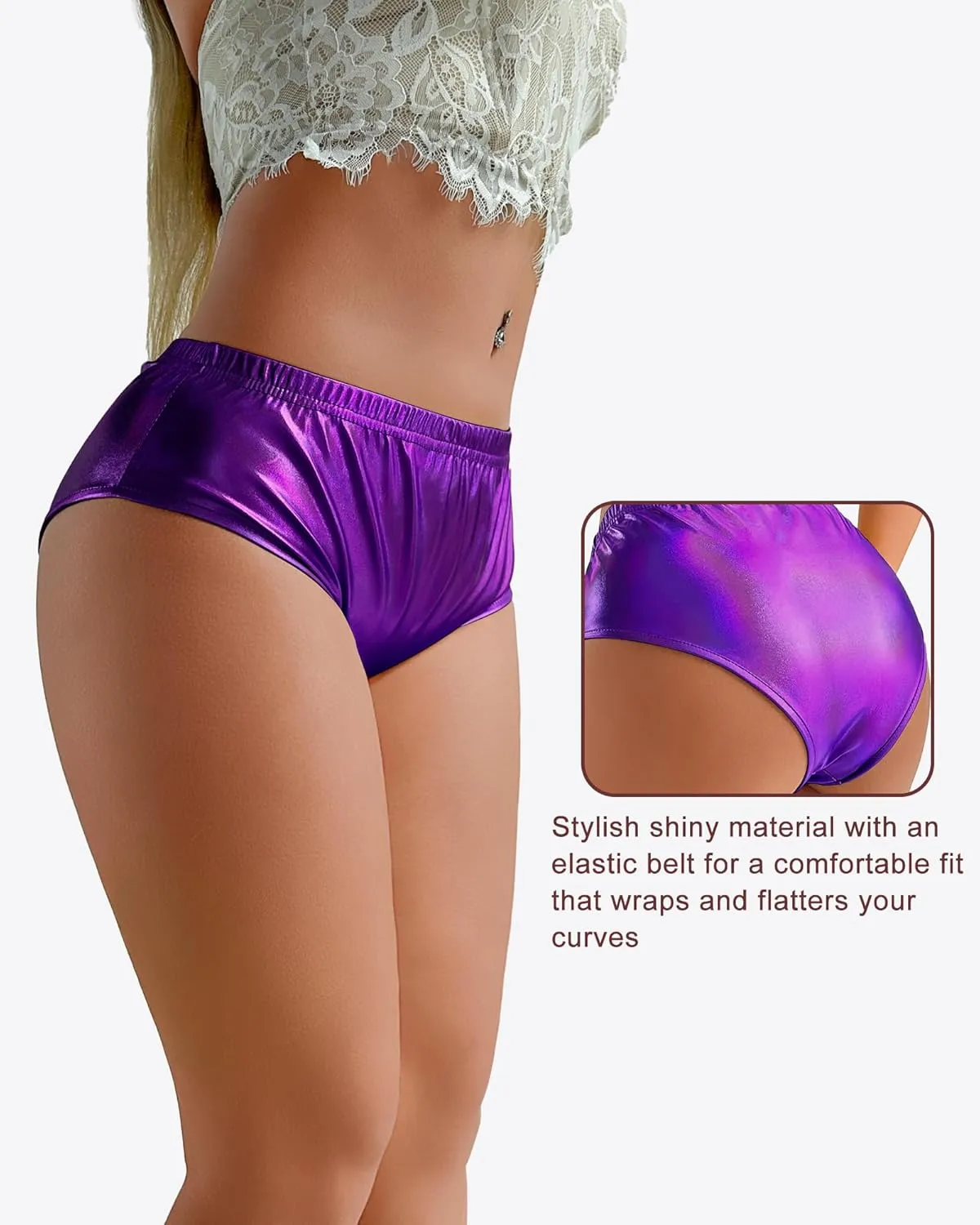Women's High Waisted Booty Shorts Metallic Sexy Rave Bottoms for Dance Festival Sparkly Disco Party Costume Hot Pants